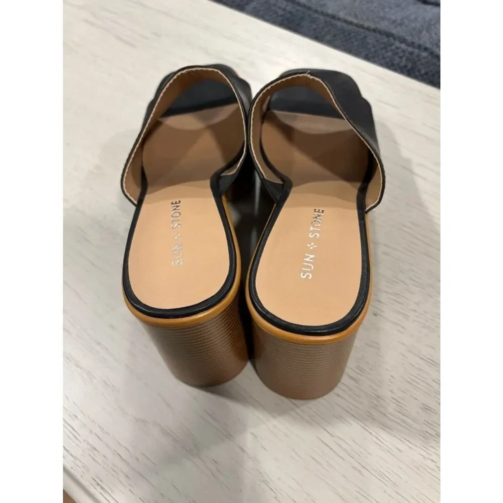 Sun + Stone Black  Platform Mule Sandals with Tan Wood-Look Heel